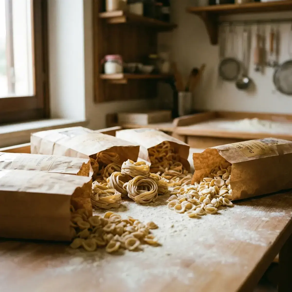 Authentic bronze-cut dried pasta nests and flour on a wooden workshop table.