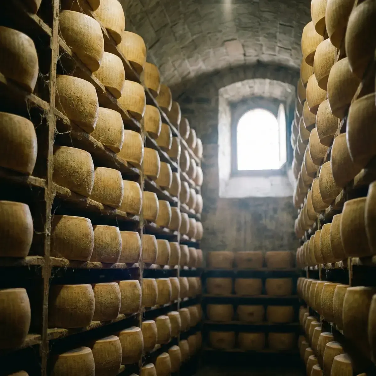 Artisan Parmigiano Reggiano cheese wheels aging in a traditional Italian cellar.