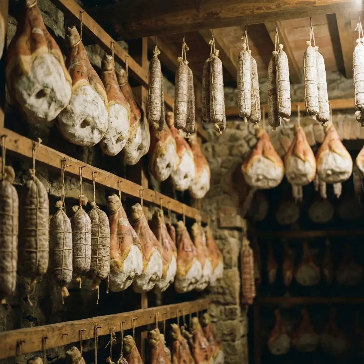 Hanging Prosciutto legs and artisan salami curing in an authentic drying room.