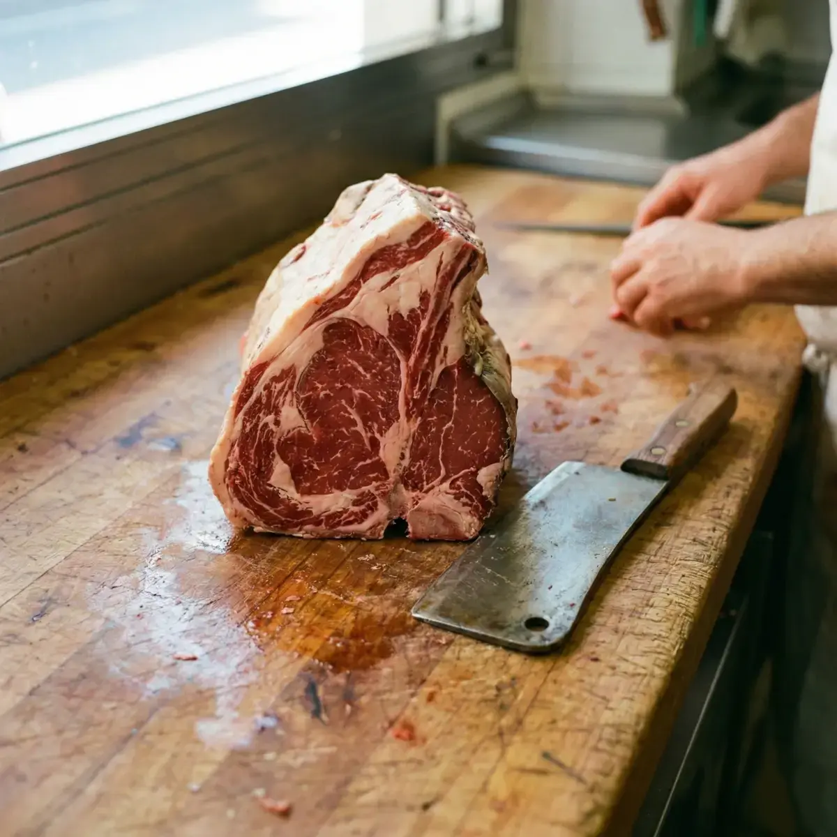 Fresh raw Bistecca alla Fiorentina meat cut on a rustic wooden butcher block.