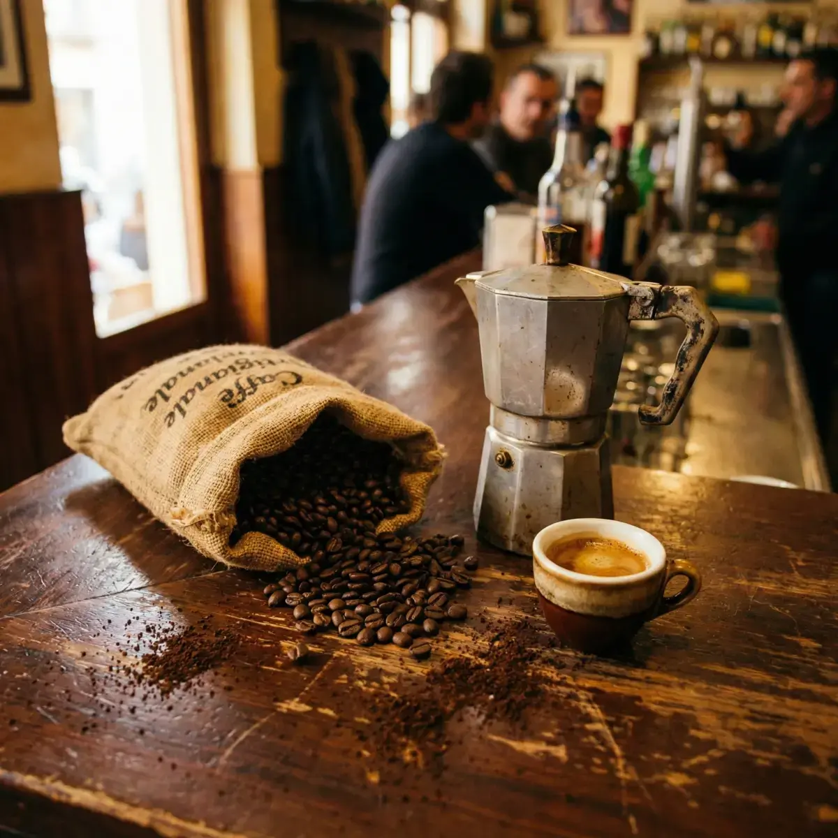Premium roasted coffee beans spilling from a jute sack next to a fresh espresso.