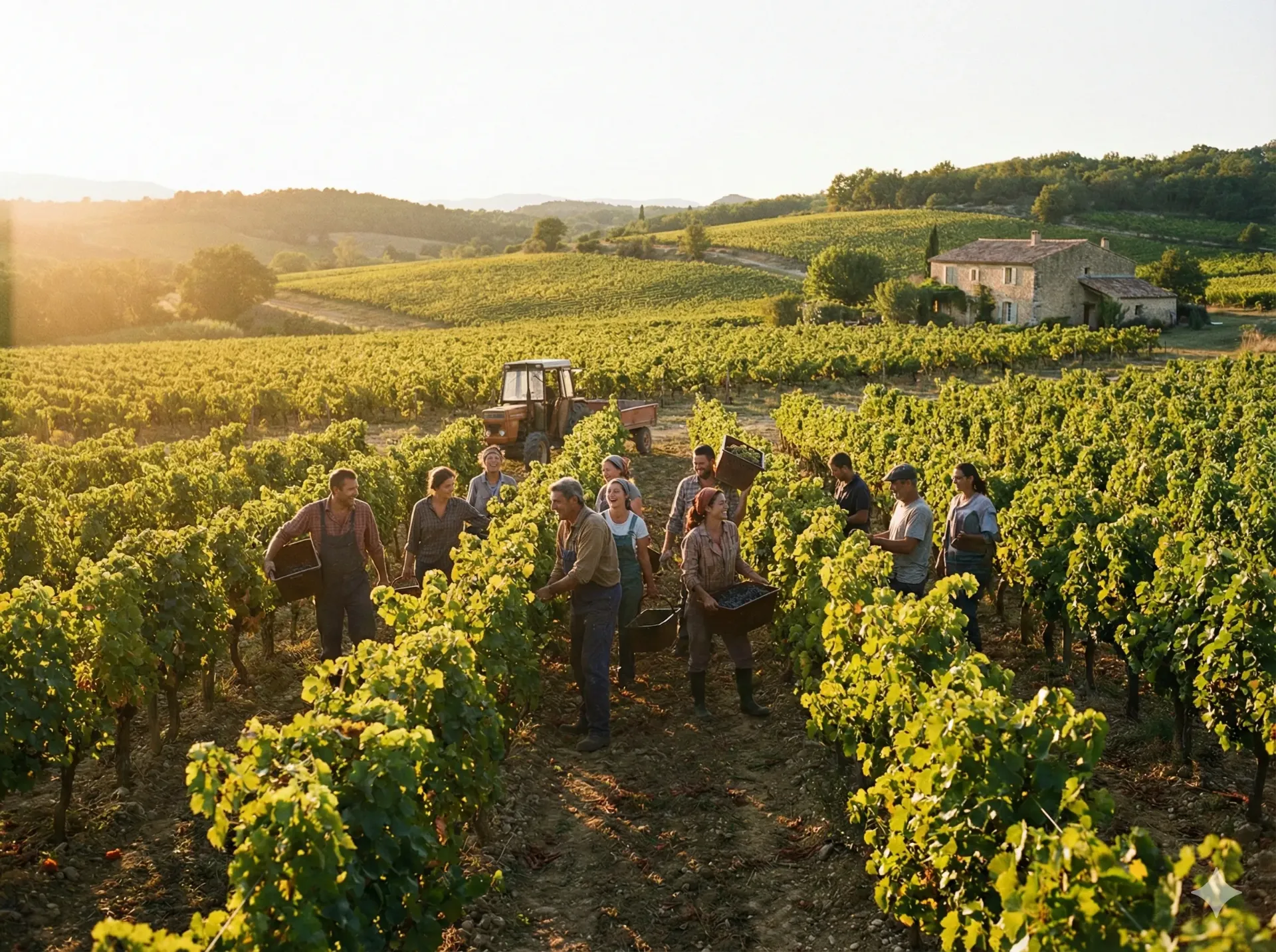 Mediterranean vineyard harvest workers in Provence