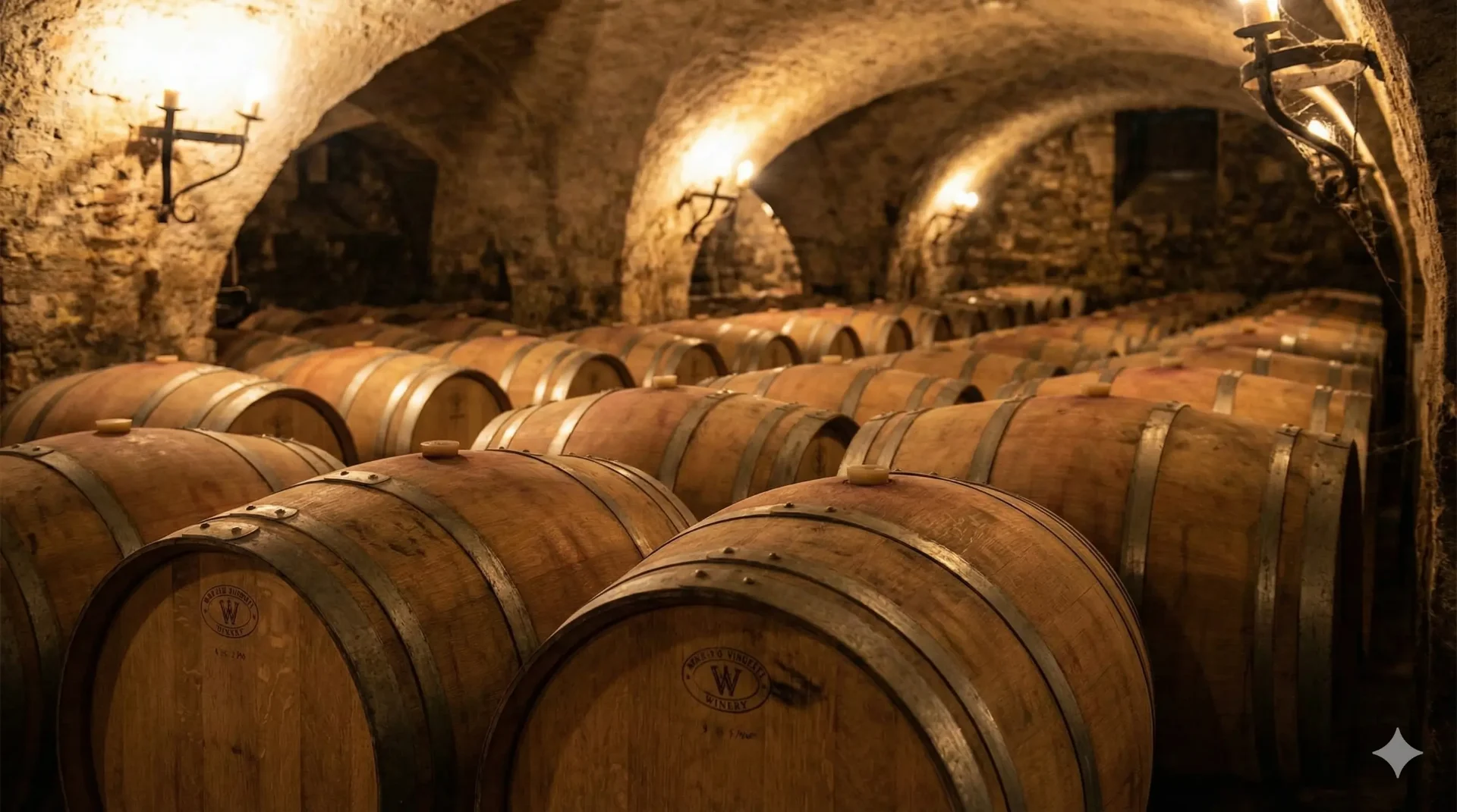 Wine barrels in cellar production facility - Direct Import